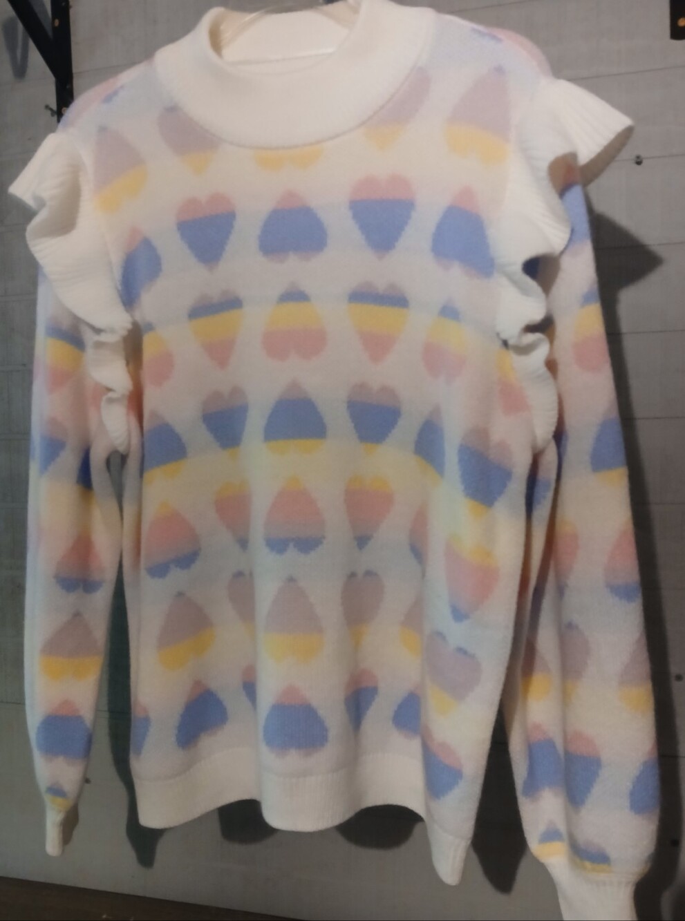Crown & Ivy Cream Ruffle XL Pullover Sweater with Pastel Heart Pattern. FF#453